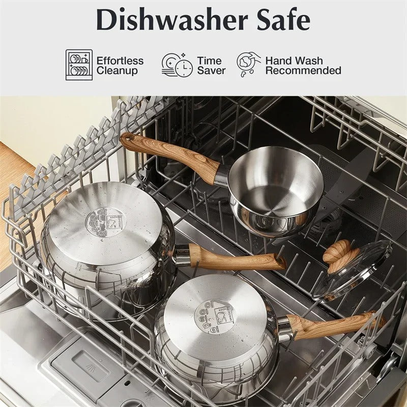 Casserole inox antiadhésive avec poignée bakélite dans un lave-vaisselle pour un nettoyage facile