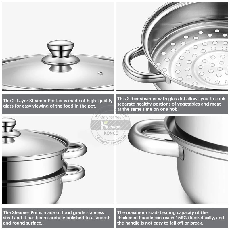 Cuit-vapeur inox double étage 28 cm – Cuisson saine, marmite inox poli avec couvercle verre et panier perforé