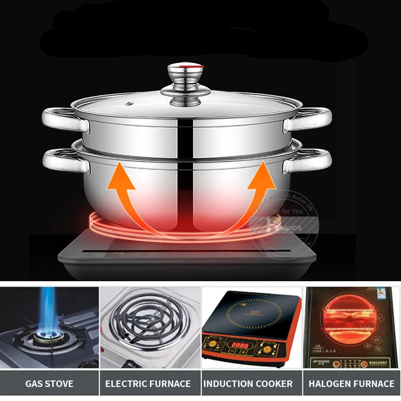 Cuit-vapeur inox double étage 28 cm – Cuisson saine en acier inox compatible gaz, électrique, induction et halogène