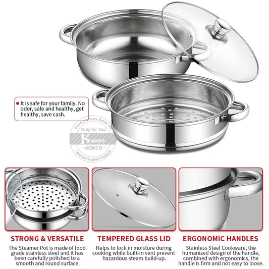 Cuit-vapeur inox double étage 28 cm – Cuisson saine Ustensile de chef acier inox avec couvercle verre et poignées
