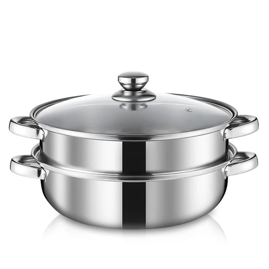 Cuit-vapeur inox double étage 28 cm – Cuisson saine en acier inox poli avec couvercle en verre et poignées