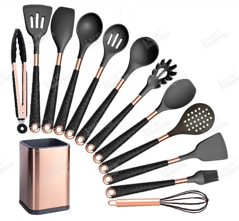 Ustensiles Silicone Rose Gold LARTI SCUPRITE – Set Cuisine 13 pièces noirs silicone manches rose gold avec support