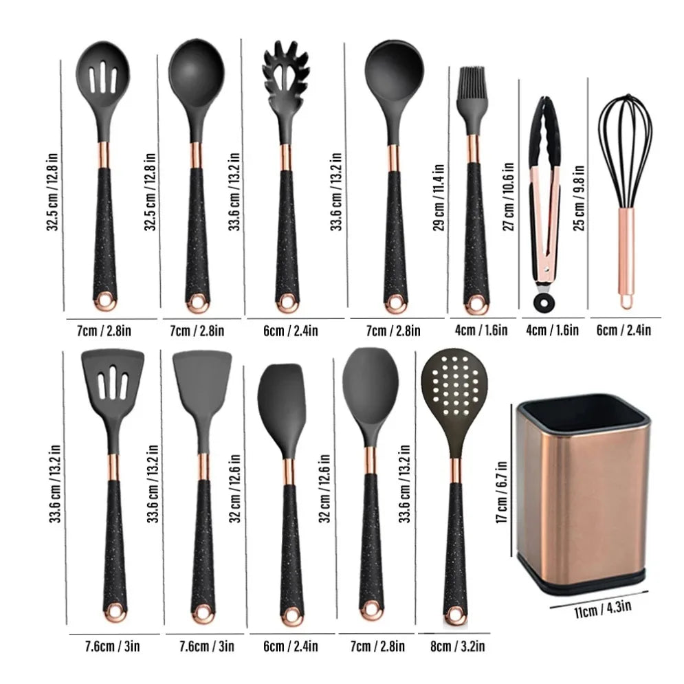 Ustensiles Silicone Rose Gold LARTI SCUPRITE – Set Cuisine ensemble 12 pièces silicone noir manches rose gold et support