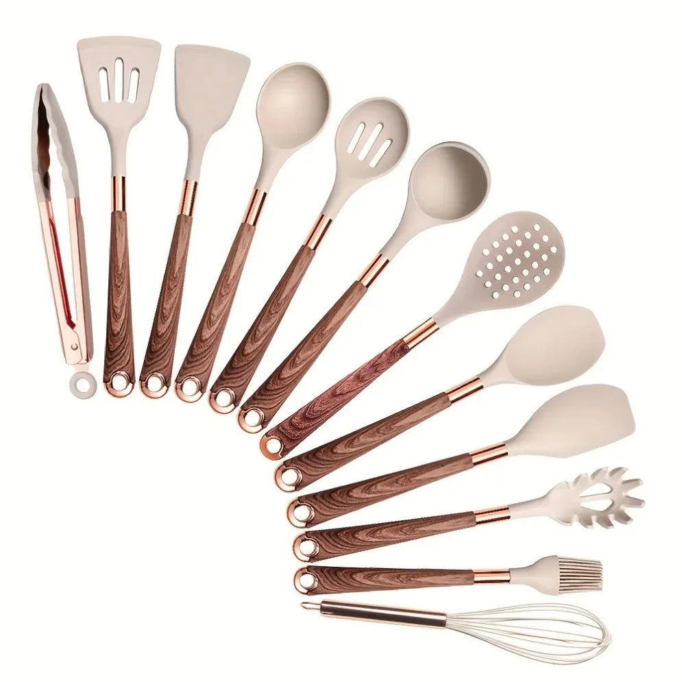 Ustensiles Silicone Rose Gold LARTI SCUPRITE – Set Cuisine. ensemble 13 pièces silicone poignées effet bois et tongs