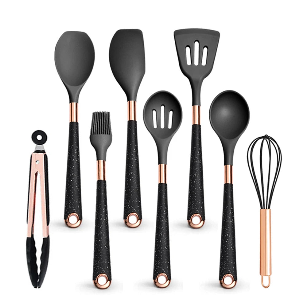 Set 8 pièces silicone noir avec manches rose gold Ustensiles Silicone Rose Gold LARTI SCUPRITE – Set Cuisine