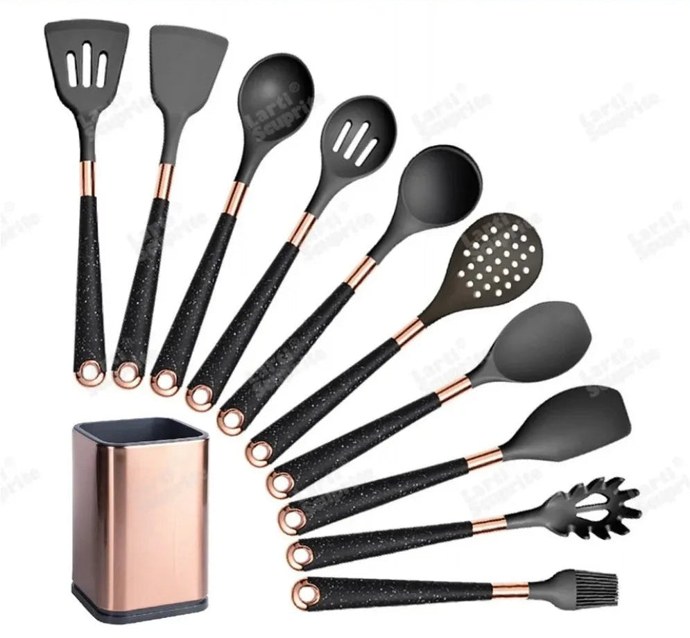 Ustensiles Silicone Rose Gold LARTI SCUPRITE – Set Cuisine ustensiles noirs en silicone manches pailletés avec support rose gold