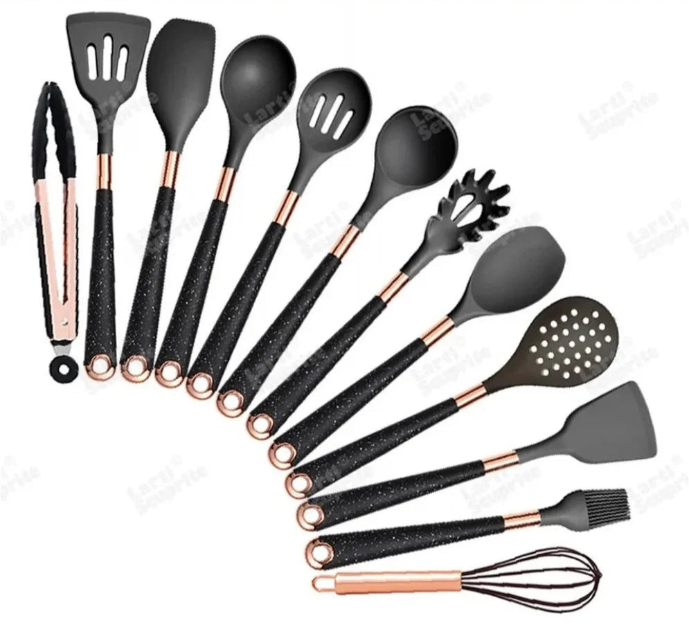 Ustensiles Silicone Rose Gold LARTI SCUPRITE – Set Cuisine ensemble 13 pièces en silicone noir et manches rose gold pour cuisine