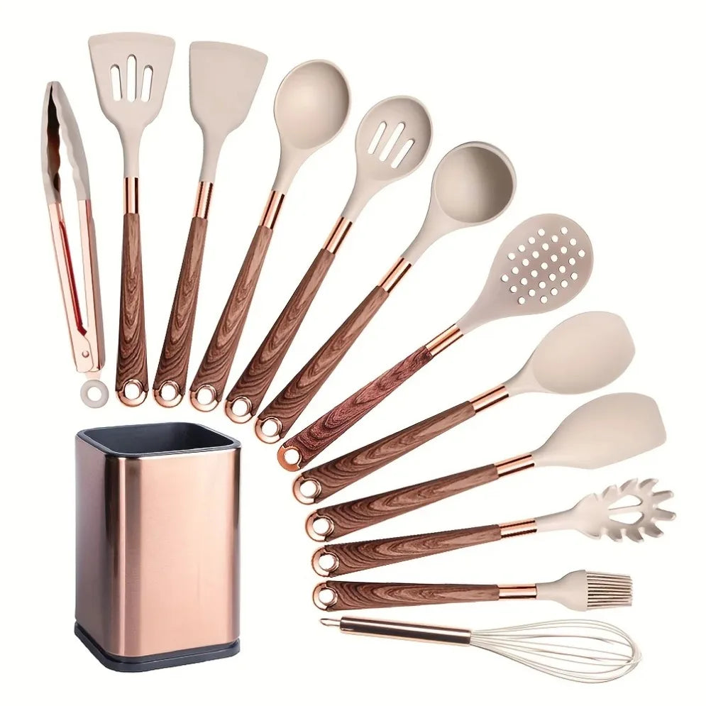Ustensiles Silicone Rose Gold LARTI SCUPRITE – Set Cuisine avec 12 ustensiles silicone rose gold, manches effet bois et support