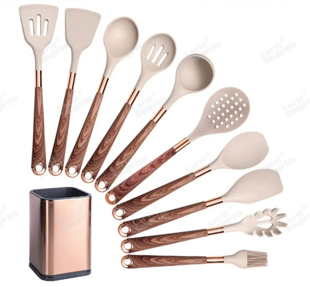 Ustensiles Silicone Rose Gold LARTI SCUPRITE – Set Cuisine, lot 12 pièces silicone rose gold manches effet bois et support