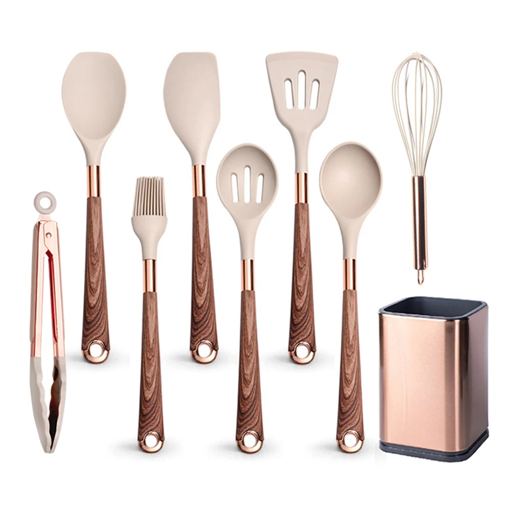 Ustensiles Silicone Rose Gold LARTI SCUPRITE – Set Cuisine, lot 10 pièces en silicone beige et manche effet bois avec support