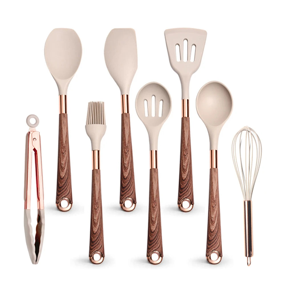 Ustensiles Silicone Rose Gold LARTI SCUPRITE – Set Cuisine, ensemble 9 pièces silicone beige manches effet bois et inox
