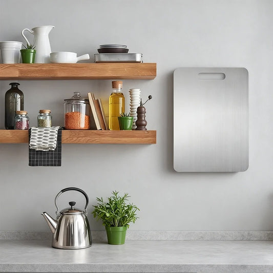 Lot de 3 planches à découper en acier inoxydable, hygiéniques et faciles à nettoyer, sur un plan de cuisine moderne.