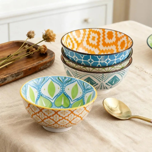 Lot de 4 Bols en Céramique Colorés avec motifs élégants, parfaits pour une table festive