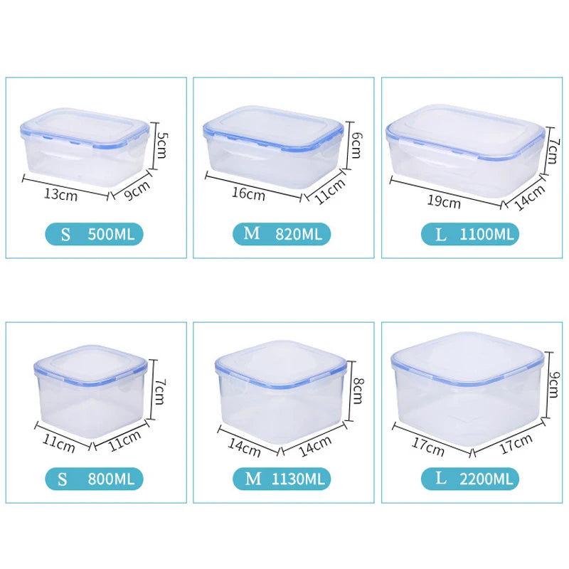 Lunch Box Étanche Réutilisable Sans BPA en plastique transparent avec couvercle bleu de différentes tailles