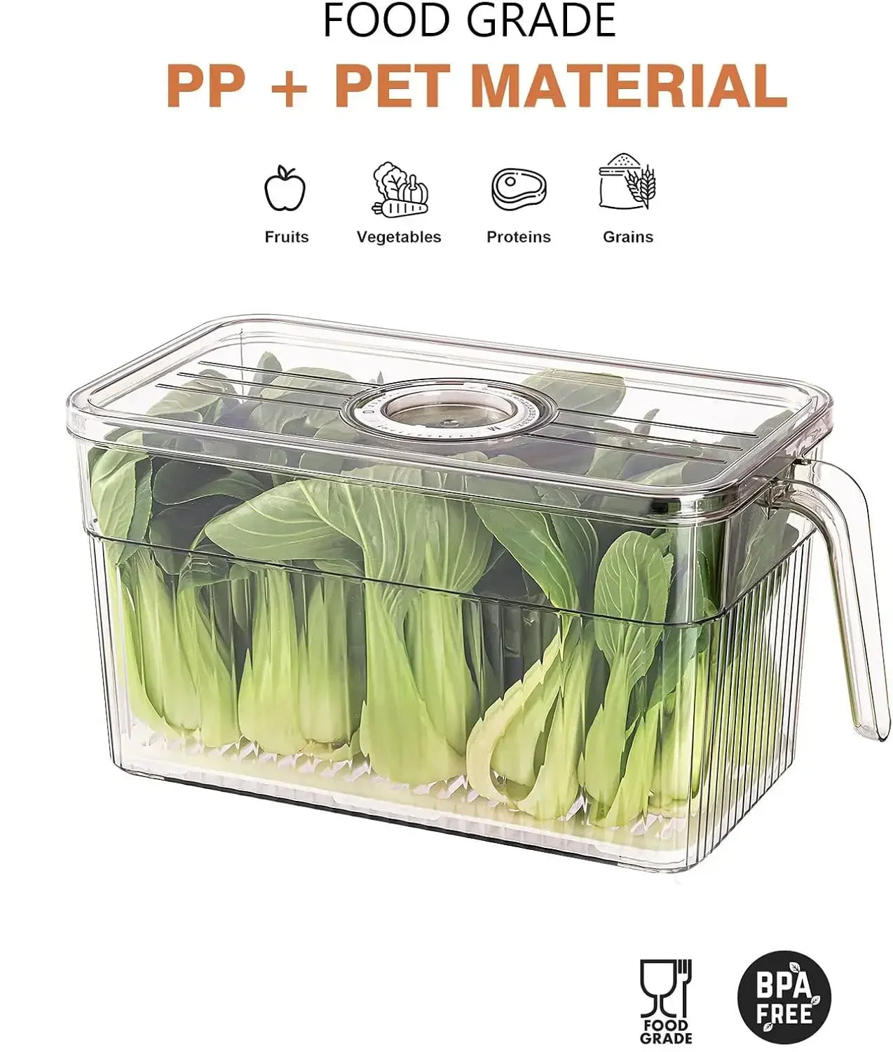 Boîte de conservation PET – Fraîcheur et organisation frigo. Bac transparent avec poignée et couvercle à valve pour légumes frais