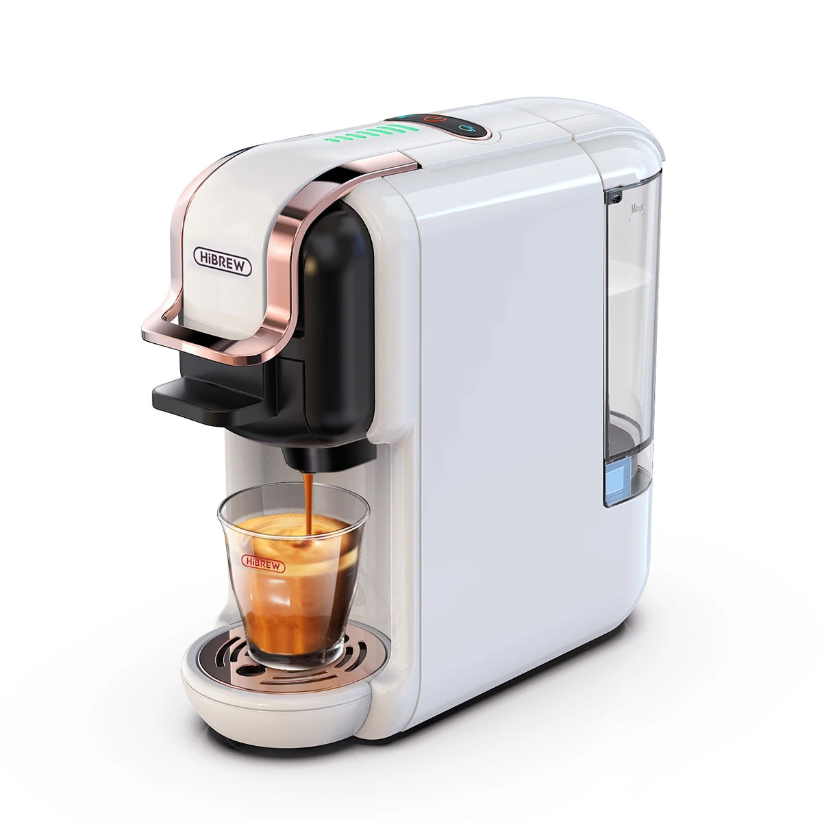 Machine à Café HiBREW H2B – Espresso Chaud & Froid blanche avec détails cuivrés et verre d'espresso