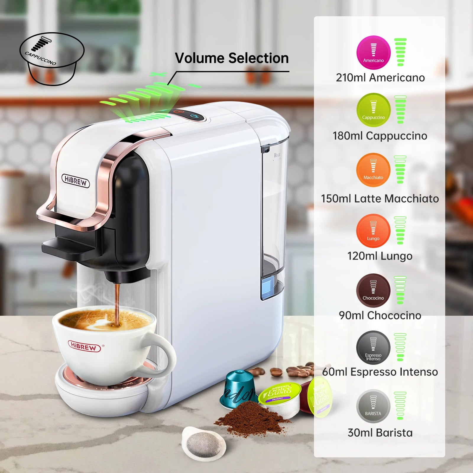 Machine à Café HiBREW H2B – Espresso Chaud & Froid blanche avec tasse de café et capsules sur plan de travail