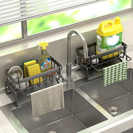 Porte Éponge Inox Antirouille – Compact & Élégant. Support inox pour évier avec éponges, spray, bouteille détergent et torchon