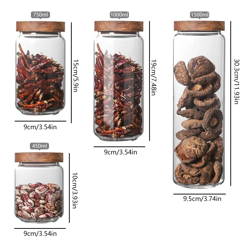 Pots de Conservation en Verre avec Couvercle en Bambou set de quatre bocaux de 450 ml à 1500 ml pour épices fruits secs et herbes
