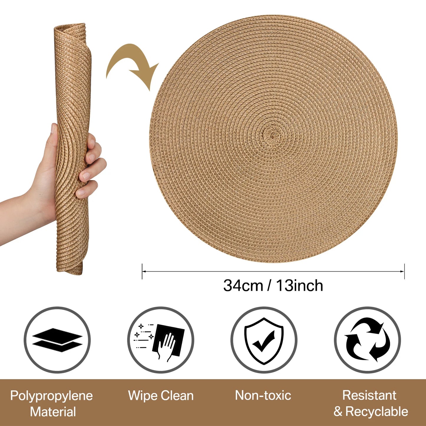 Set 6 Napperons & 6 Dessous de Verre – Tressé, Moderne. Napperon rond tressé beige 34 cm, essuyable et recyclable