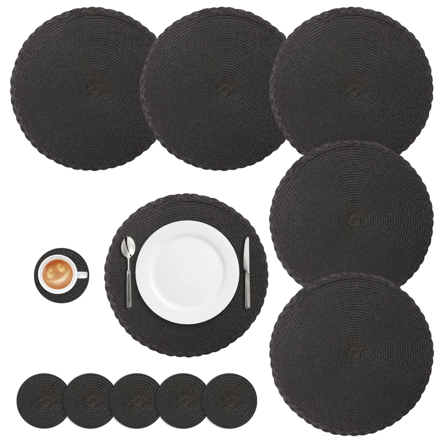 Set 6 Napperons & 6 Dessous de Verre – Tressé, Moderne. Ustensile de chef napperons ronds noirs pour table