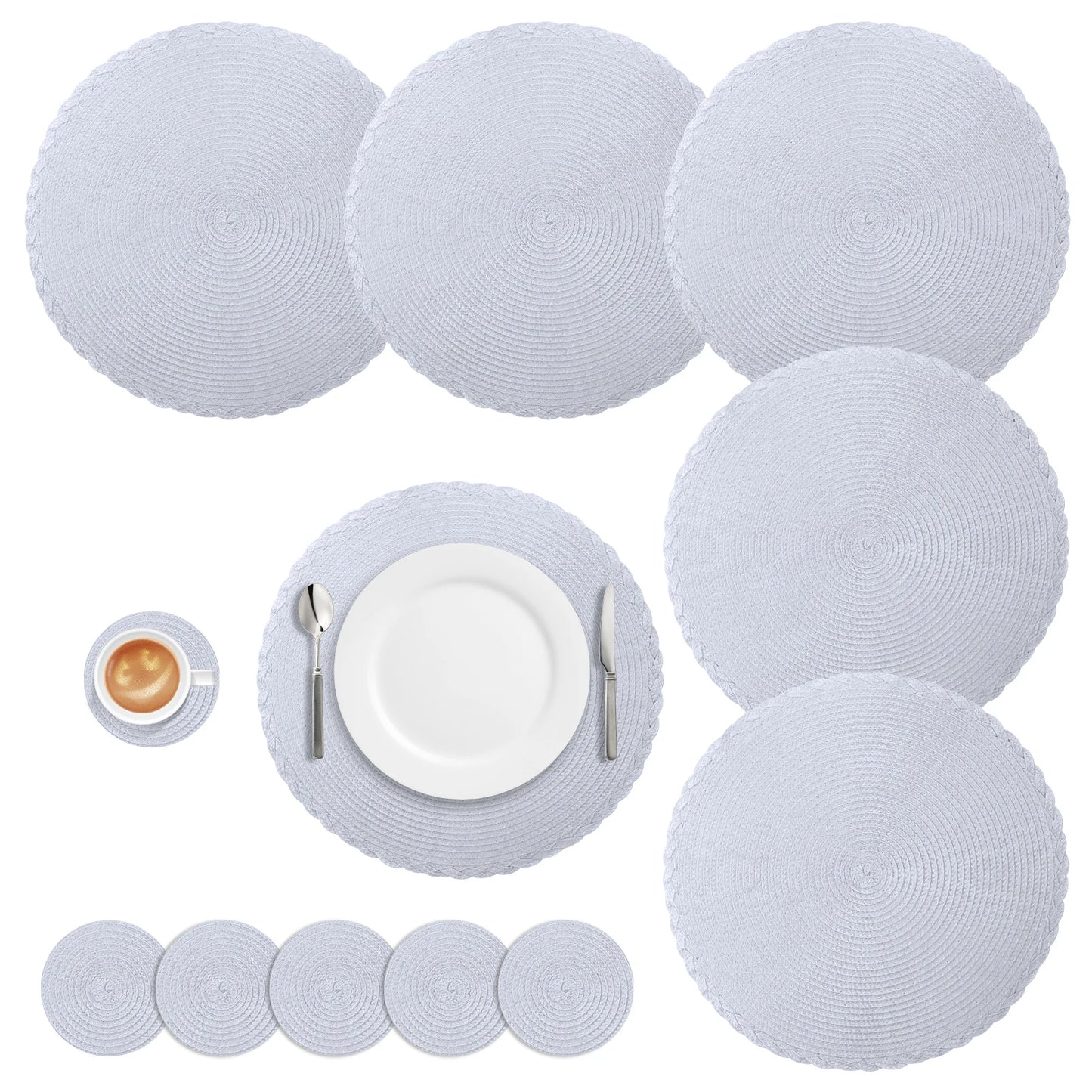 Set 6 Napperons & 6 Dessous de Verre – Tressé, Moderne. Ensemble rond blanc gris clair en fibres tressées pour table