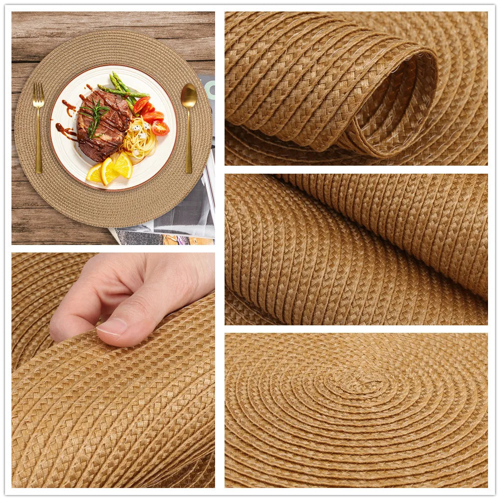 Set 6 Napperons & 6 Dessous de Verre – Tressé, Moderne. Napperons ronds tressés naturel, plan sur texture en spirale et main