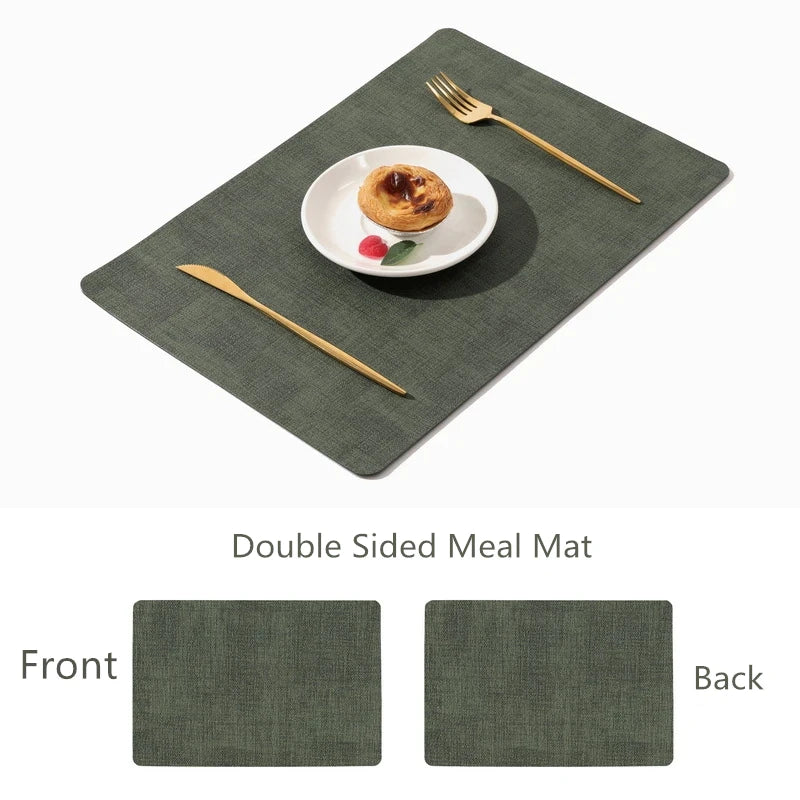 Set de Table Similicuir lot de 4 – Étanche & Anti-Taches. Set individuel double face vert olive avec assiette et couverts dorés