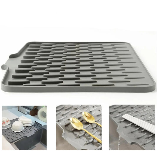 Tapis Égouttoir Silicone Pliable – Pratique & Résistant. Tapis gris à rainures drainantes pour assiettes et couverts