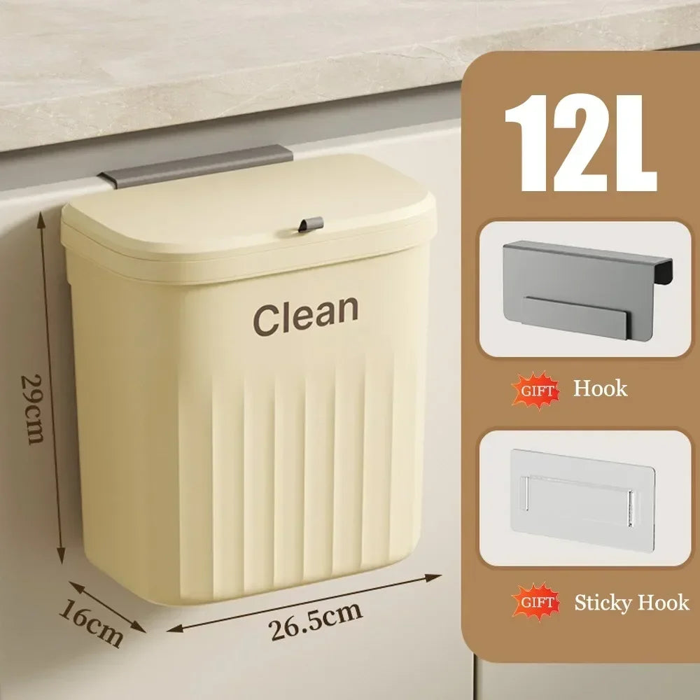 Poubelle de Cuisine Murale 8.5/12L avec Couvercle beige crème fixée sous le plan de travail avec crochet adhésif