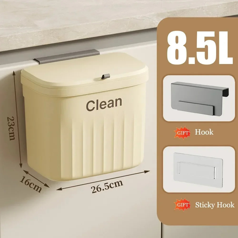 Poubelle de Cuisine Murale 8.5/12L avec Couvercle beige suspendue sous plan de travail crochets inclus
