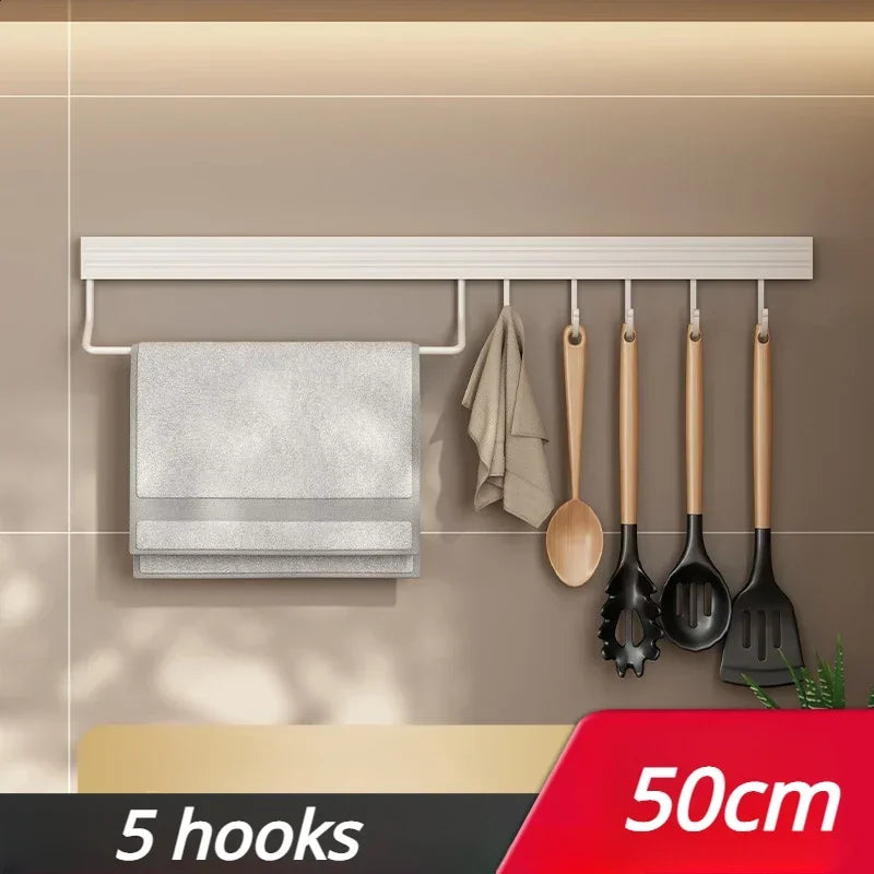 Rack de Cuisine Mural – Rangement Sans Perçage: barre murale 50 cm blanche avec 5 crochets pour ustensiles et torchons