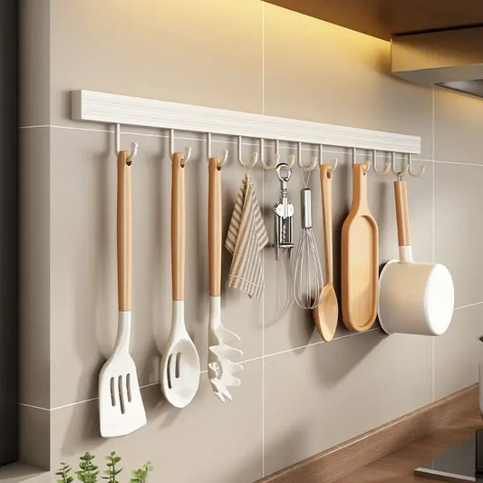 Rack de Cuisine Mural – Rangement Sans Perçage Ustensile de chef avec crochets et ustensiles en bois et casserole