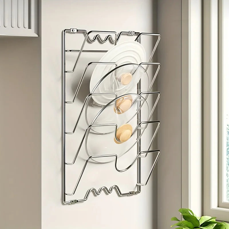 Support mural 5 couches pour couvercles de casseroles en acier inox fixé au mur rangement gain de place pour cuisine