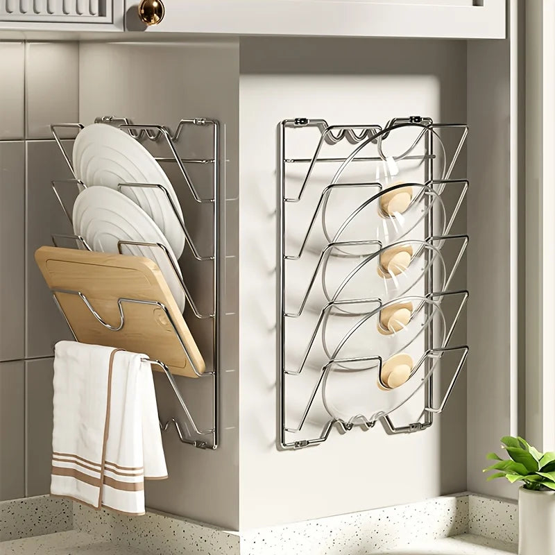 Support mural 5 couches pour couvercles de casseroles en acier inox rangement mural vertical pour couvercles et planches