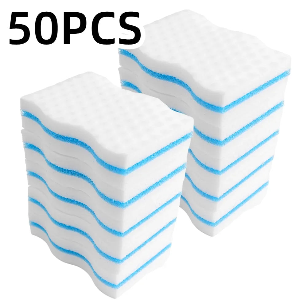 Paquet de 50 éponges blanches et bleues avec texture ondulée pour vaisselle, Éponge magique – Lot de 50 pièces éco-friendly 10×6 cm.
