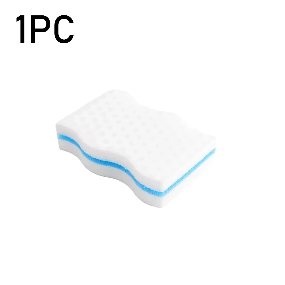 Éponge magique – Lot de 50 pièces éco-friendly 10×6 cm. Éponge blanche à couche bleue, forme ondulée antidérapante pour vaisselle