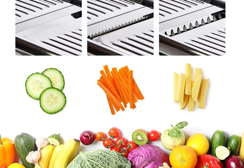 Mandoline Acier Inoxydable – Coupe Rapide Sécurisée avec différentes lames et légumes tranchés en tranches fines et julienne