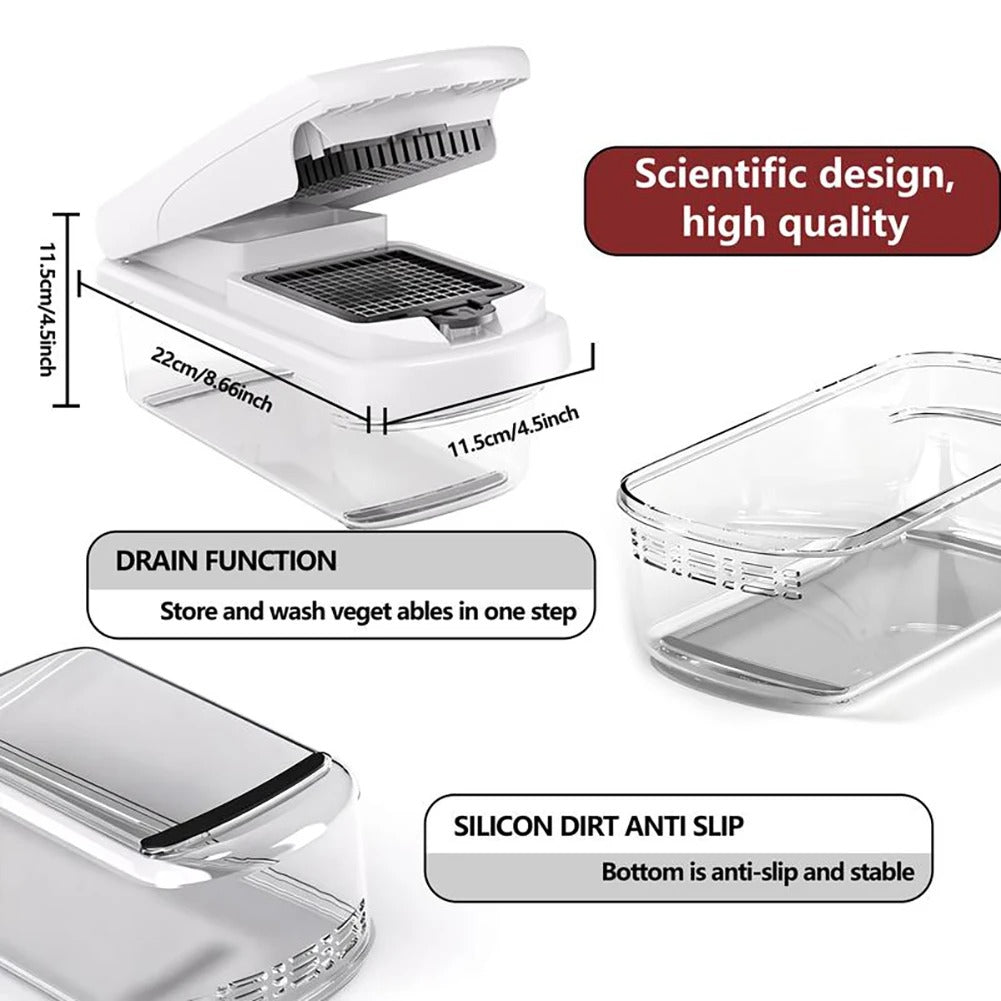 Mandoline Multifonction avec Bac Récupérateur pour couper et laver les légumes facilement en une seule étape.