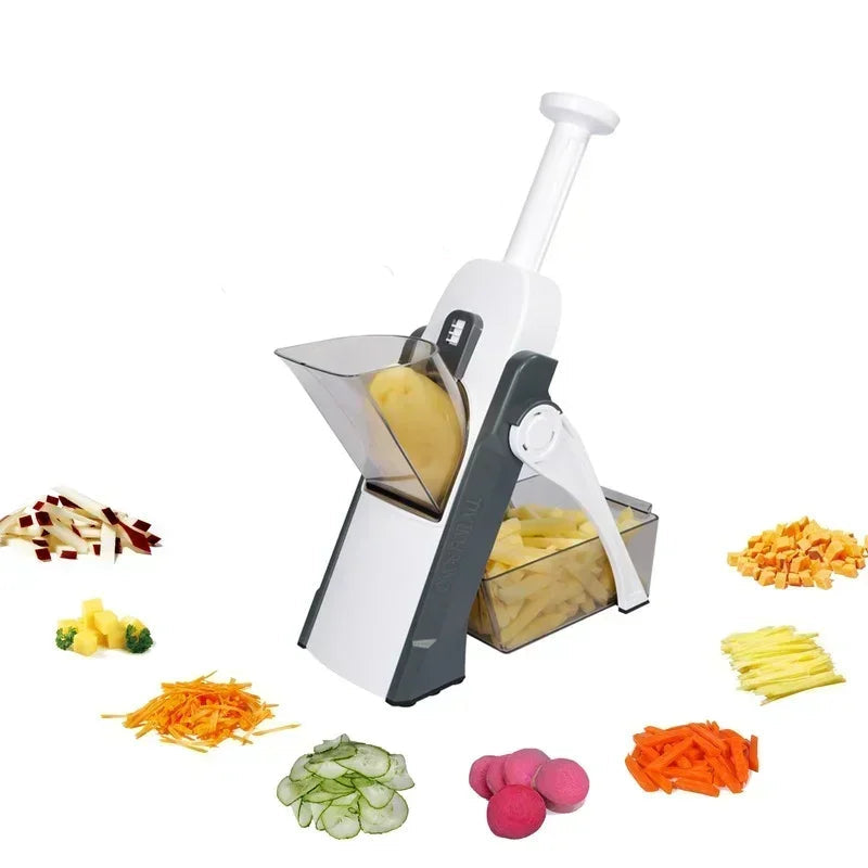 Mandoline Multifonction – Coupe Légumes Sécurisée & Rapide avec différentes découpes de légumes colorés