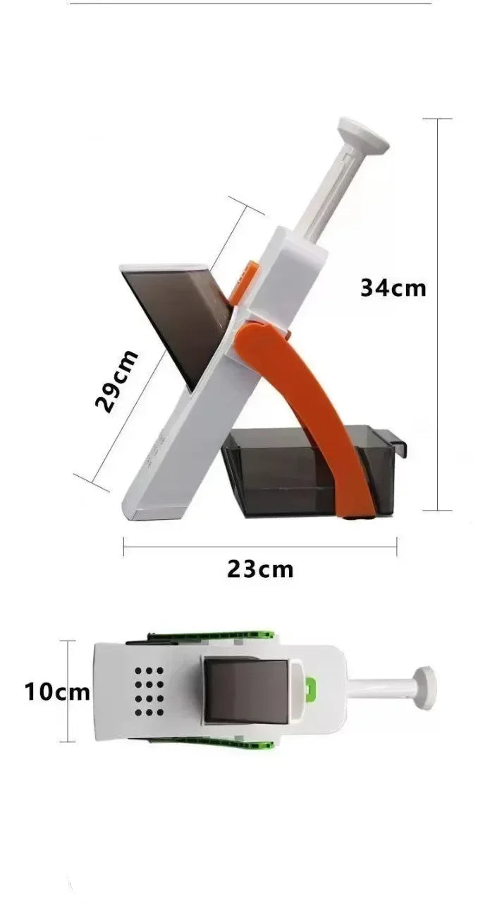Mandoline Multifonction – Coupe Légumes Sécurisée & Rapide avec support orange et réservoir noir