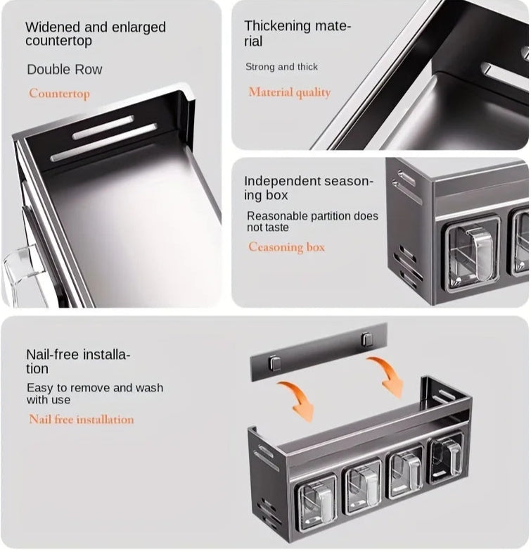 Étagère à épices murale alu – Rangement malin sans perçage. Support aluminium double rangée avec boîtes doseuses amovibles