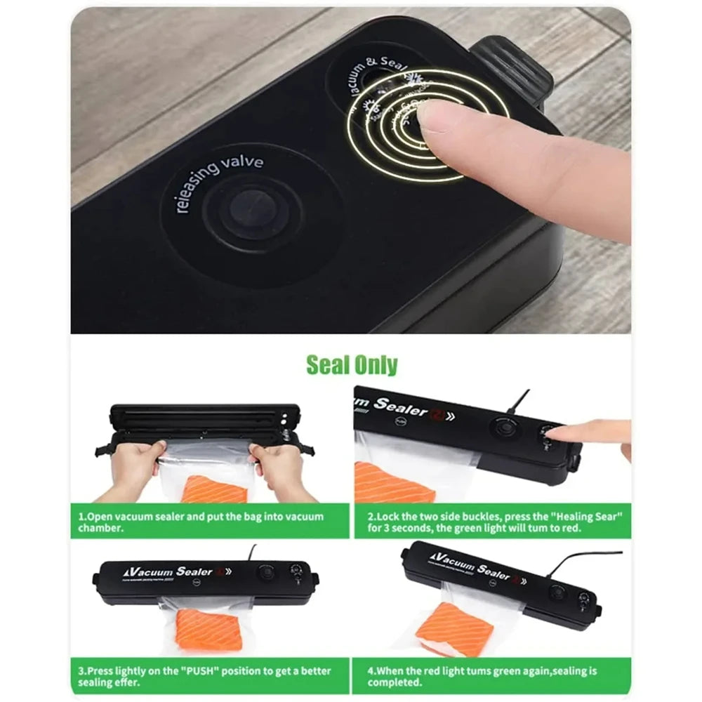 Machine sous vide alimentaire – Compacte et puissante, scelleuse noire tactile montrant scellage de saumon et instructions d'usage