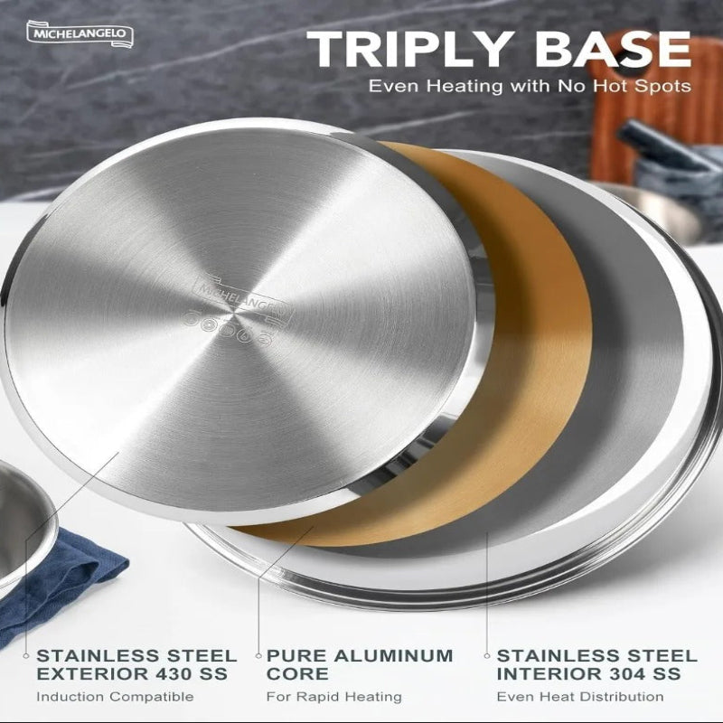 Détails de la base triply des Poêles Inox à Poignée Amovible – 3 Pièces pour une chaleur uniforme sans points chauds
