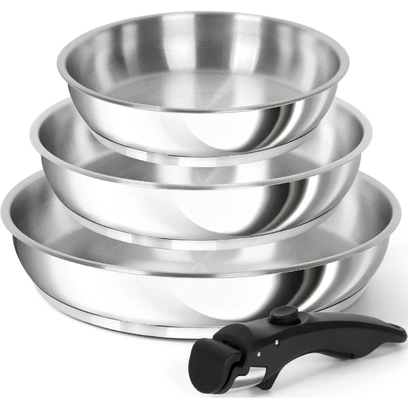 Ensemble de 3 Poêles Inox à Poignée Amovible, parfait pour la cuisine quotidienne et facile à ranger