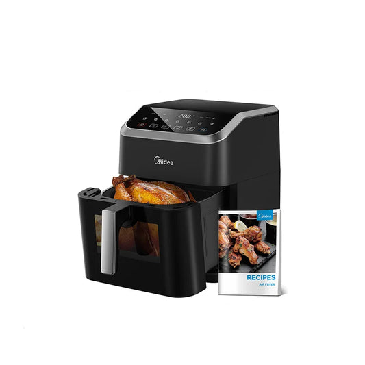 Friteuse Air Fryer Midea 7.4L avec un tiroir de cuisson et un livre de recettes pour repas rapides