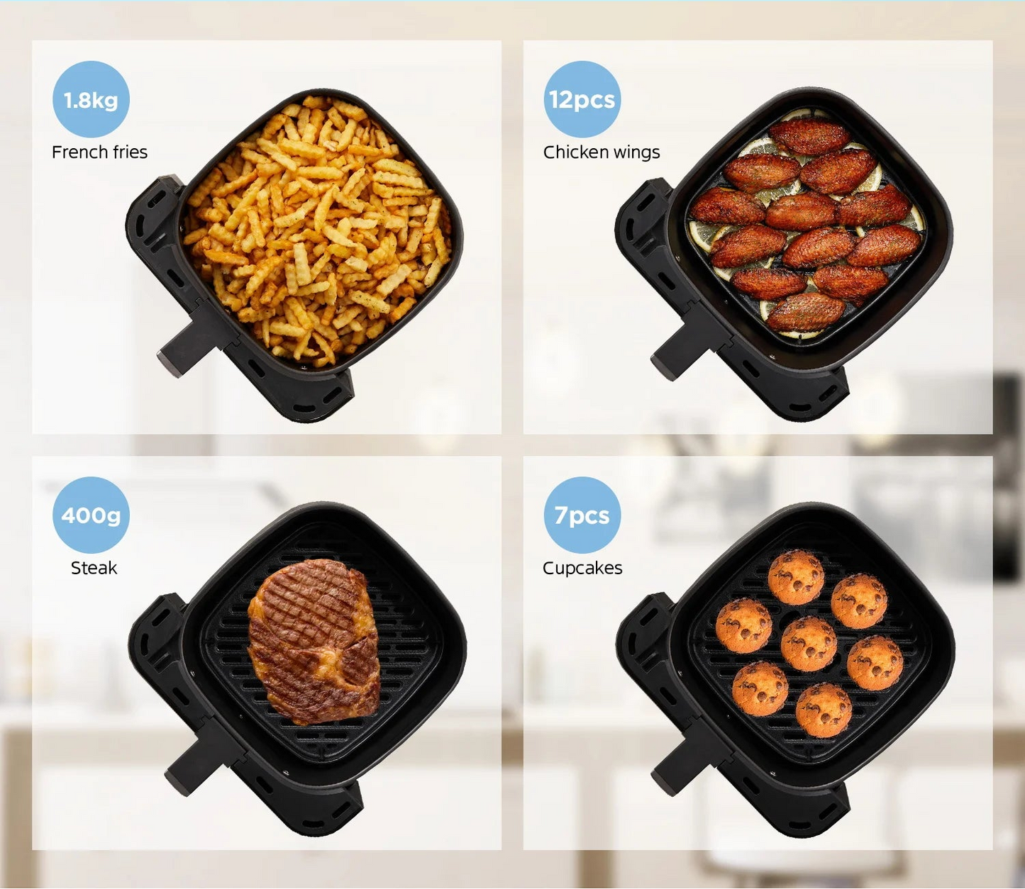 Friteuse Air Fryer Midea 7L – Cuisson Rapide & Économe avec aliments variés comme frites et cupcakes