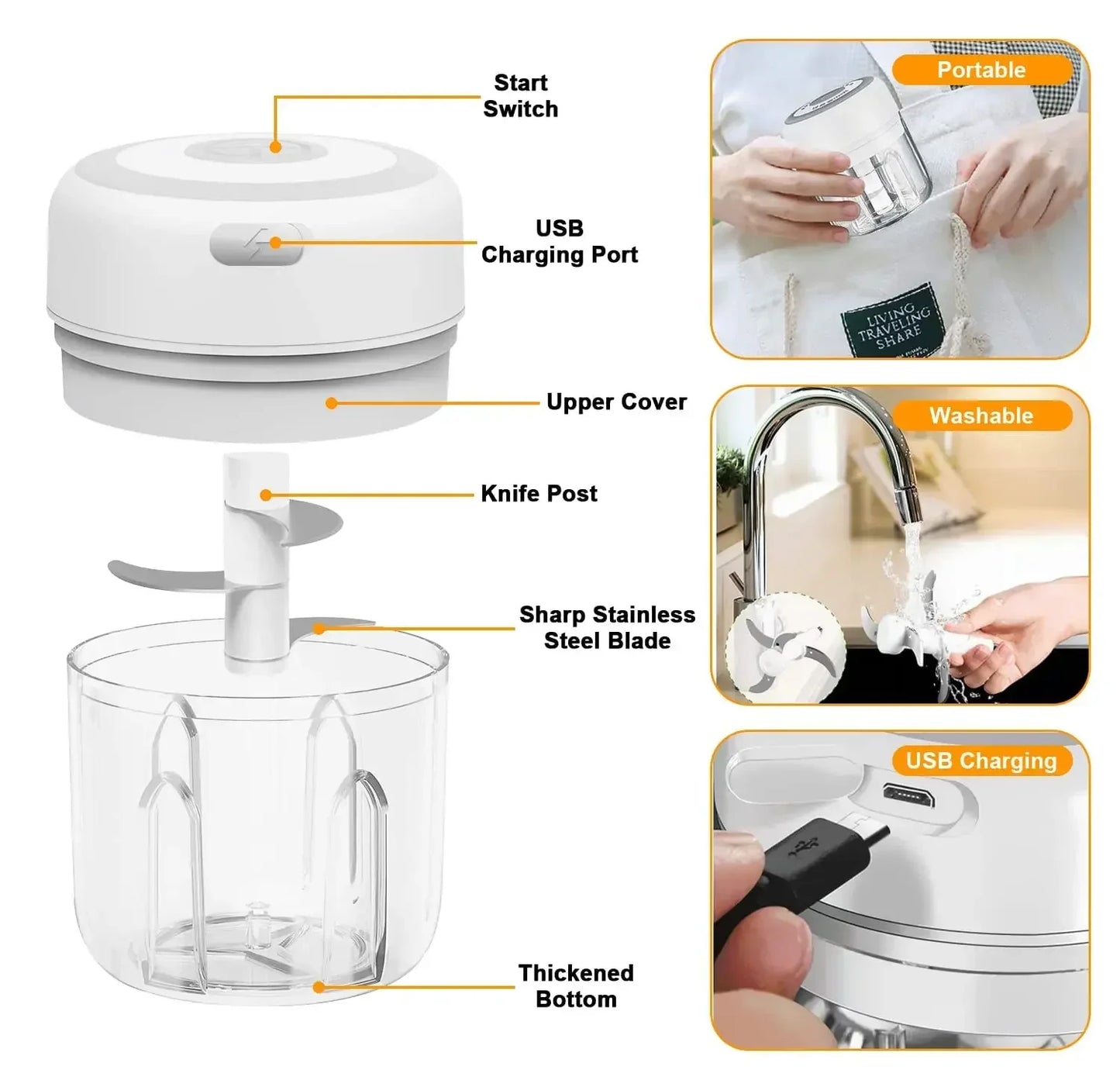 Mini Hachoir Sans Fil Rechargeable 30W – 100 à 300 ml avec lame en acier inoxydable et port de charge USB