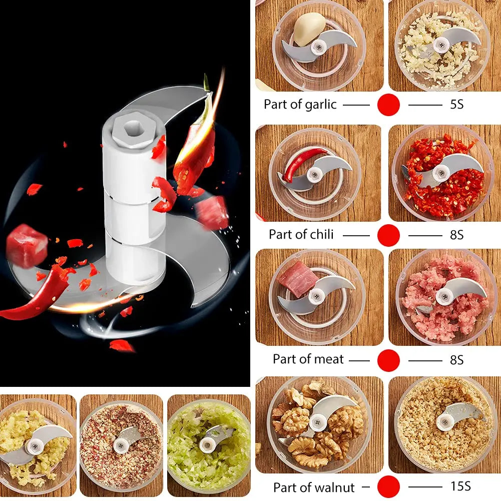Mini Hachoir Sans Fil Rechargeable 30W – 100 à 300 ml montrant lame tranchante et exemples de hachage d’ail, chili, viande et noix