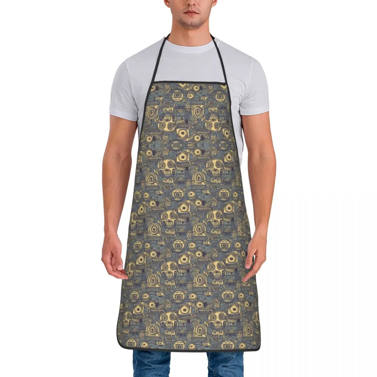 Tablier Cuisine Imperméable MINISO avec motifs crânes porté par un homme en t-shirt blanc